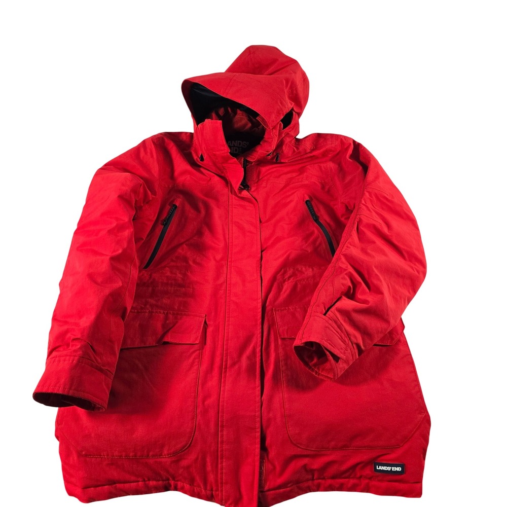 Lands End Squall Red Insulated Parka Waterproof Hooded Jacket Women Medium 10-12